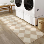 Beeiva Checkered Print Carpet Runners for Hallway 6ft, Beige Ultra Thin Washable Kitchen Runner Rug Non Slip, Moroccan Plaid Checkerboard Decor Faux Wool 2x6 Rug for Bedroom Bathroom Entryway