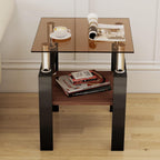 Glass Side Table Set of 2, Small 2-Tier End Table with Tempered Glass Top and Metal Legs, Clear Small Corner Table for Living Room, Bedroom, Apartment (Brown+Black)