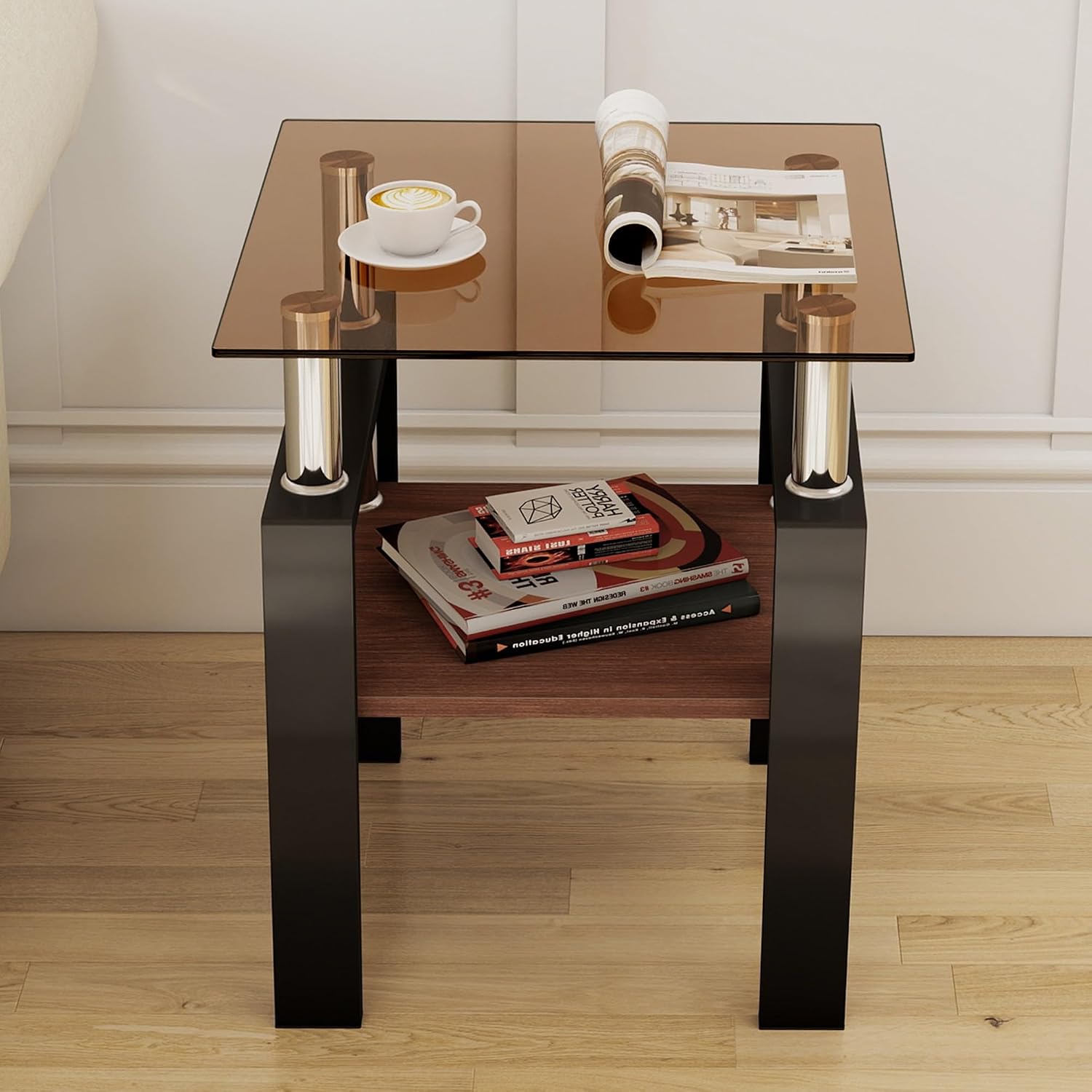 Glass Side Table Set of 2, Small 2-Tier End Table with Tempered Glass Top and Metal Legs, Clear Small Corner Table for Living Room, Bedroom, Apartment (Brown+Black)