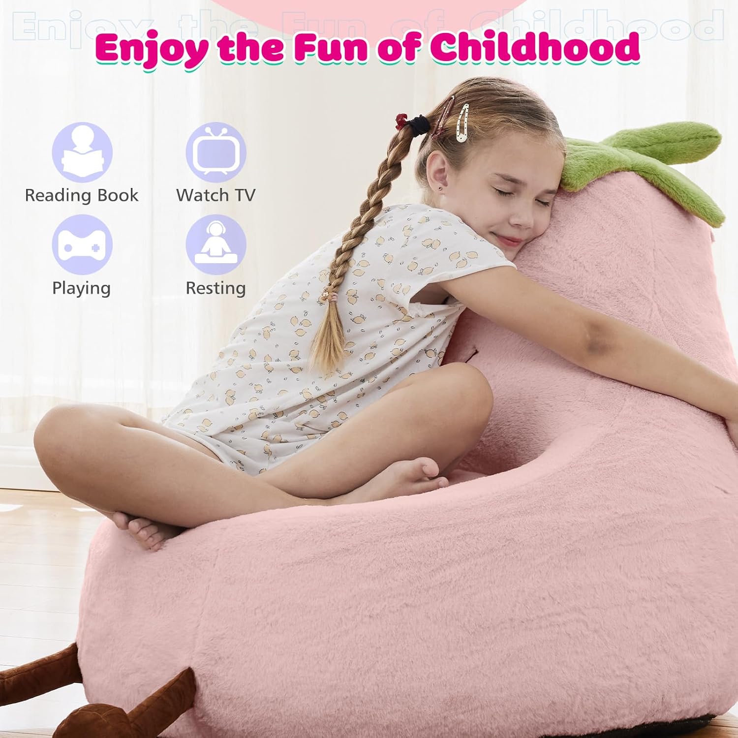 DUMOS Kids Bean Bag Chair, Stuffed Toddler Couch with Faux Rabbit Fur Cover for Teens & Kids, Comfy Lazy Sofa Chair for Reader, Living Room, Bedroom, Aged 4-12 Years, 31 Inch, Pink
