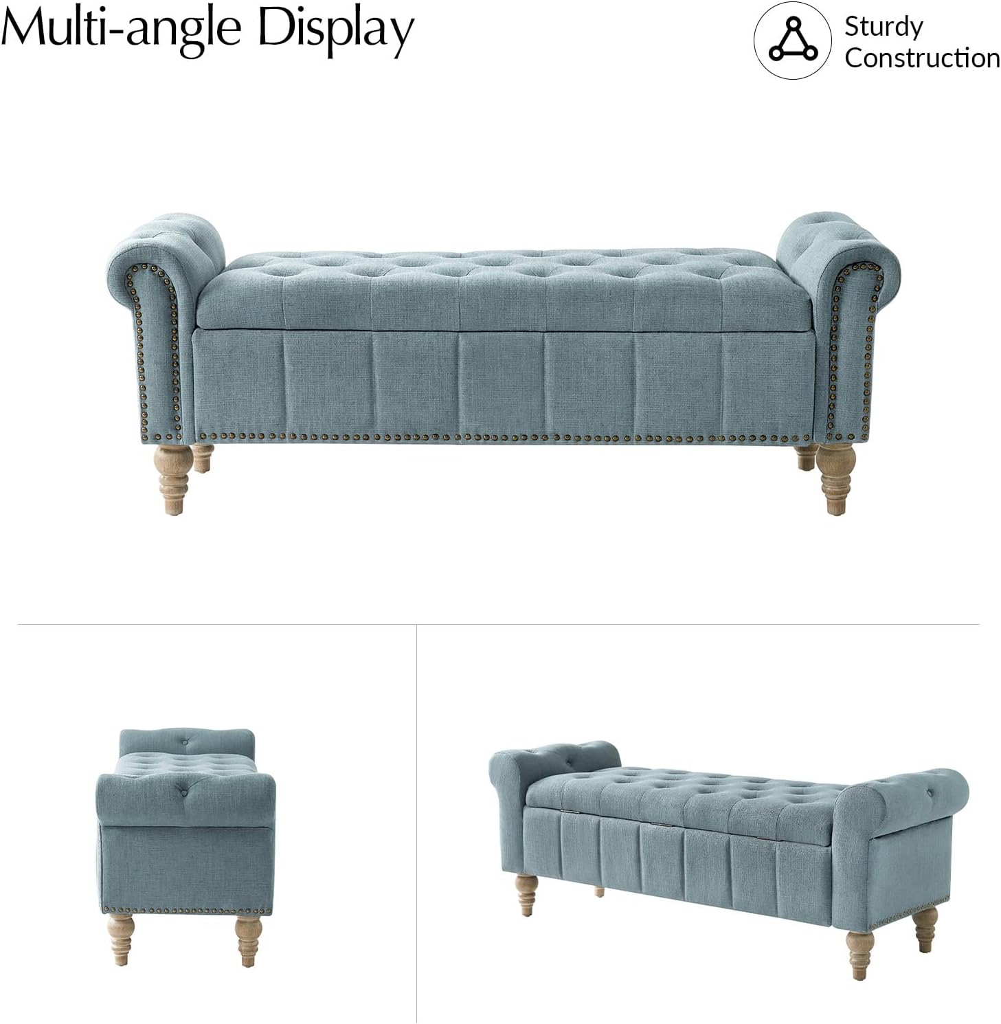 HULALA HOME Farmhouse Upholstered Storage Bench, End of Bed Bench with Vintage Button Tufted Design(Blue)