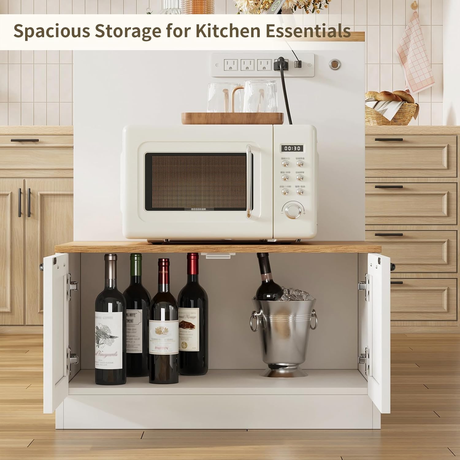 70.8" Farmhouse Kitchen Island with Charging Station, 3 Drawers & Cabinets, Large Small Combo Buffet Table with Adjustable Shelves, Butcher Block Countertop, Kitchen Dining Room, White