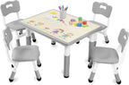 Kinder King Kids Table & 4 Chairs Set, Height Adjustable Children Activity Table w/Graffiti Tabletop, Toddler Furniture Set for Classroom, Daycare, Home, Age 3+, Grey