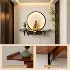 Wall Mounted Altar Table with LED Light, Bamboo Buddha Shrine, Chinese Style Floating Offering Shelf for Meditation, Home, Spiritual Decor(Reddish-Brown,40cm/15.7in)