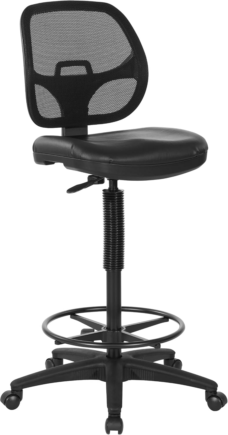 Office Star DC Series Deluxe Breathable Mesh Back Ergonomic Drafting Chair with Lumbar Support and Adjustable Footring, Black Vinyl