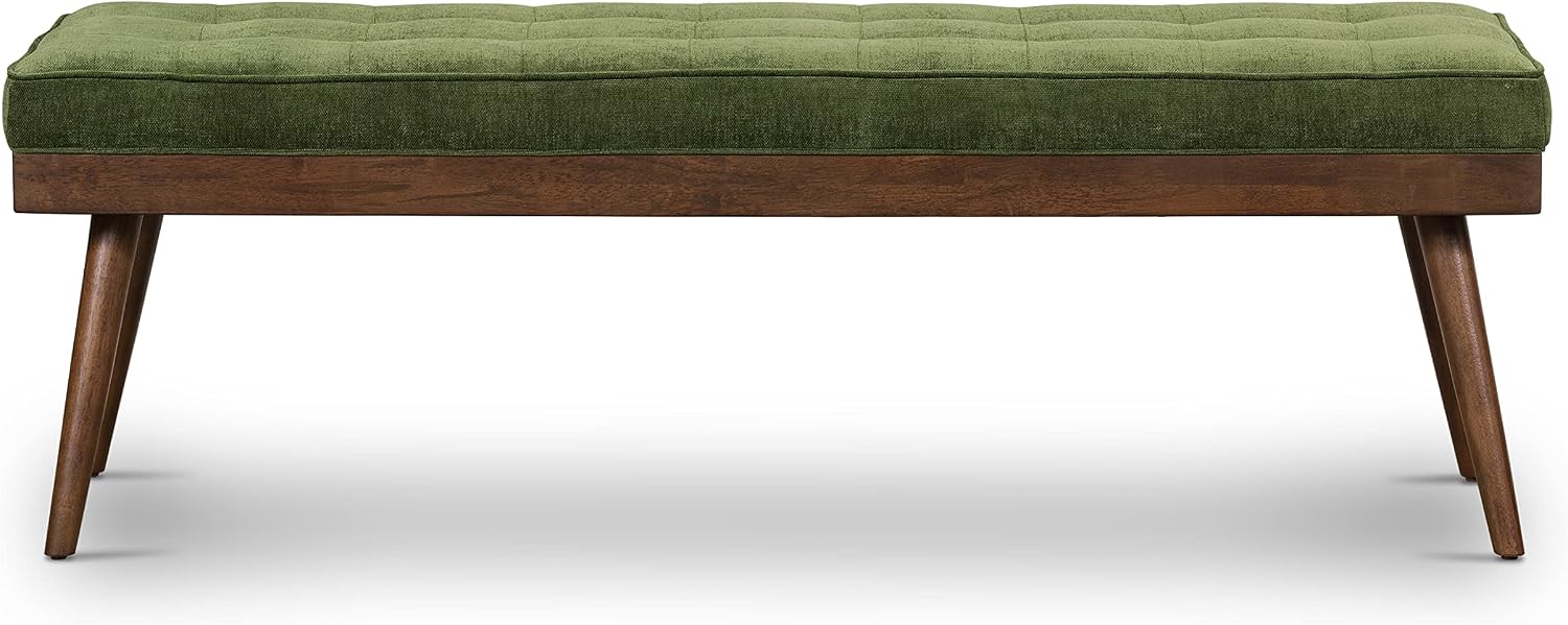 Poly & BARK Luca Fabric Bench – Tufted Upholstered Entryway or Bedroom Bench with Solid Wood Frame – Mid Century Inspired Seating in Fabric Green for Hallway, Living Room or End of Bed Use