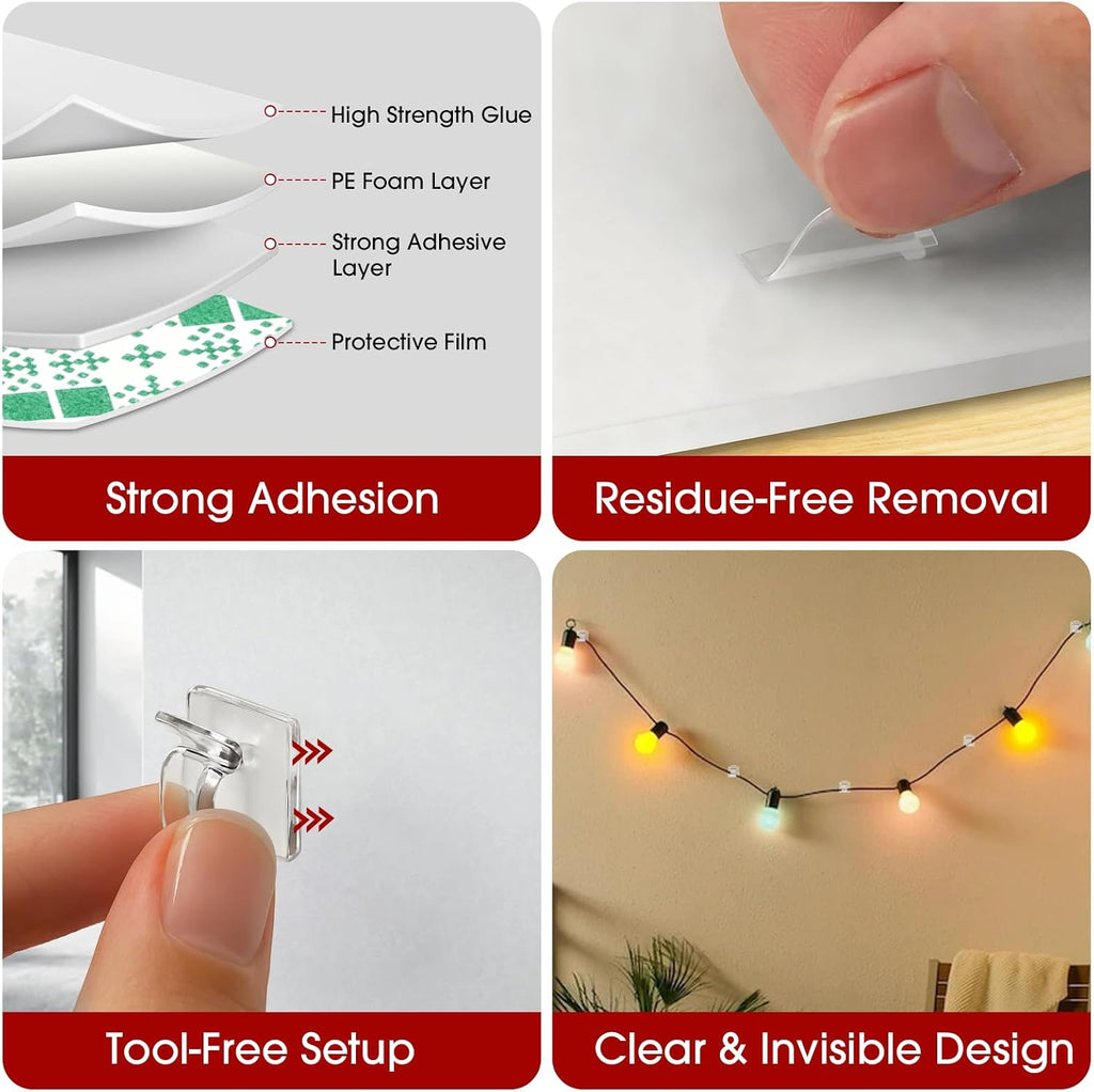 60PCS Adhesive Cable Clips, Heavy-Duty Cord Clips for Cable Management, Outdoor Christmas Light Clips Hooks, Traceless Clear Wire Holders Cord Organizer for Wall, Desk, LED, Car(Small)