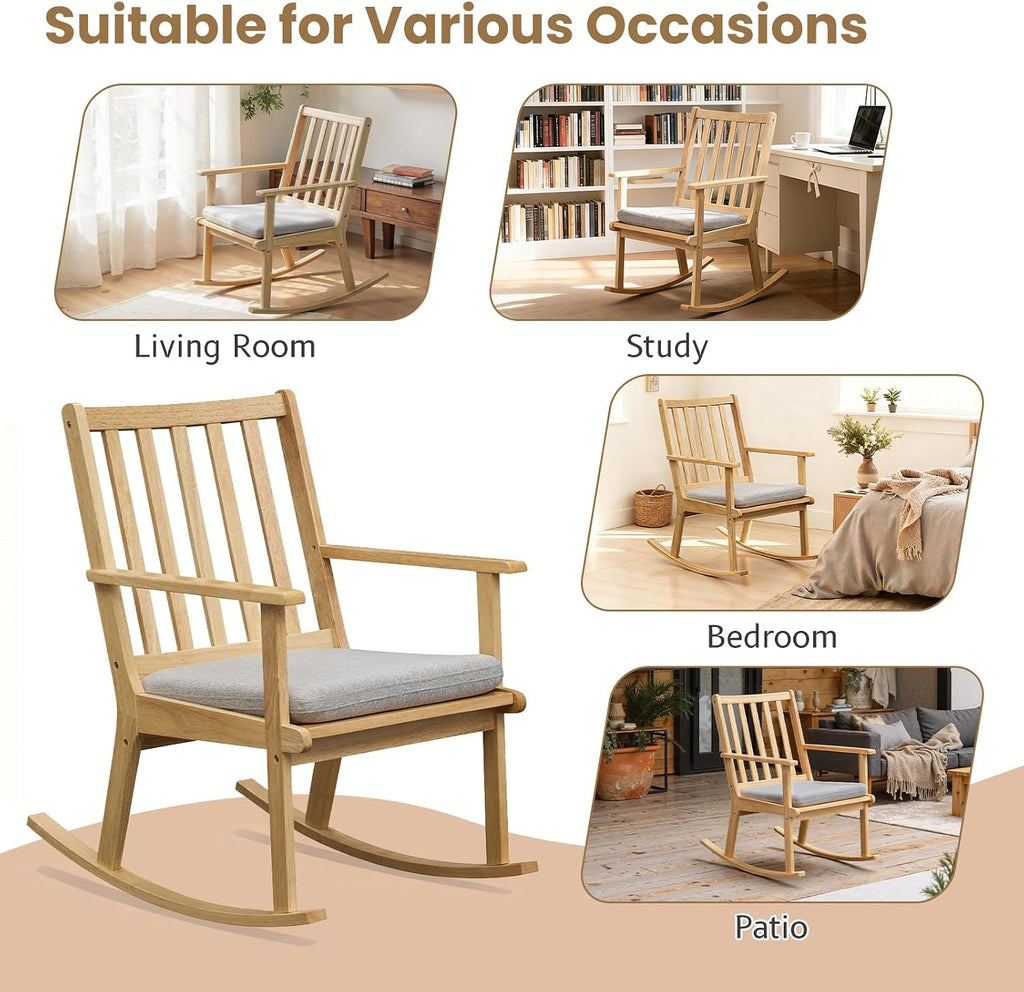 Giantex Rocking Chair with Cushion, Solid Rubber Wood Rocker w/Slatted High Back & Padded Seat, Indoor Rustic Accent Armchair for Living Room, Bedroom, Study, Nursery, Patio, Natural (1)