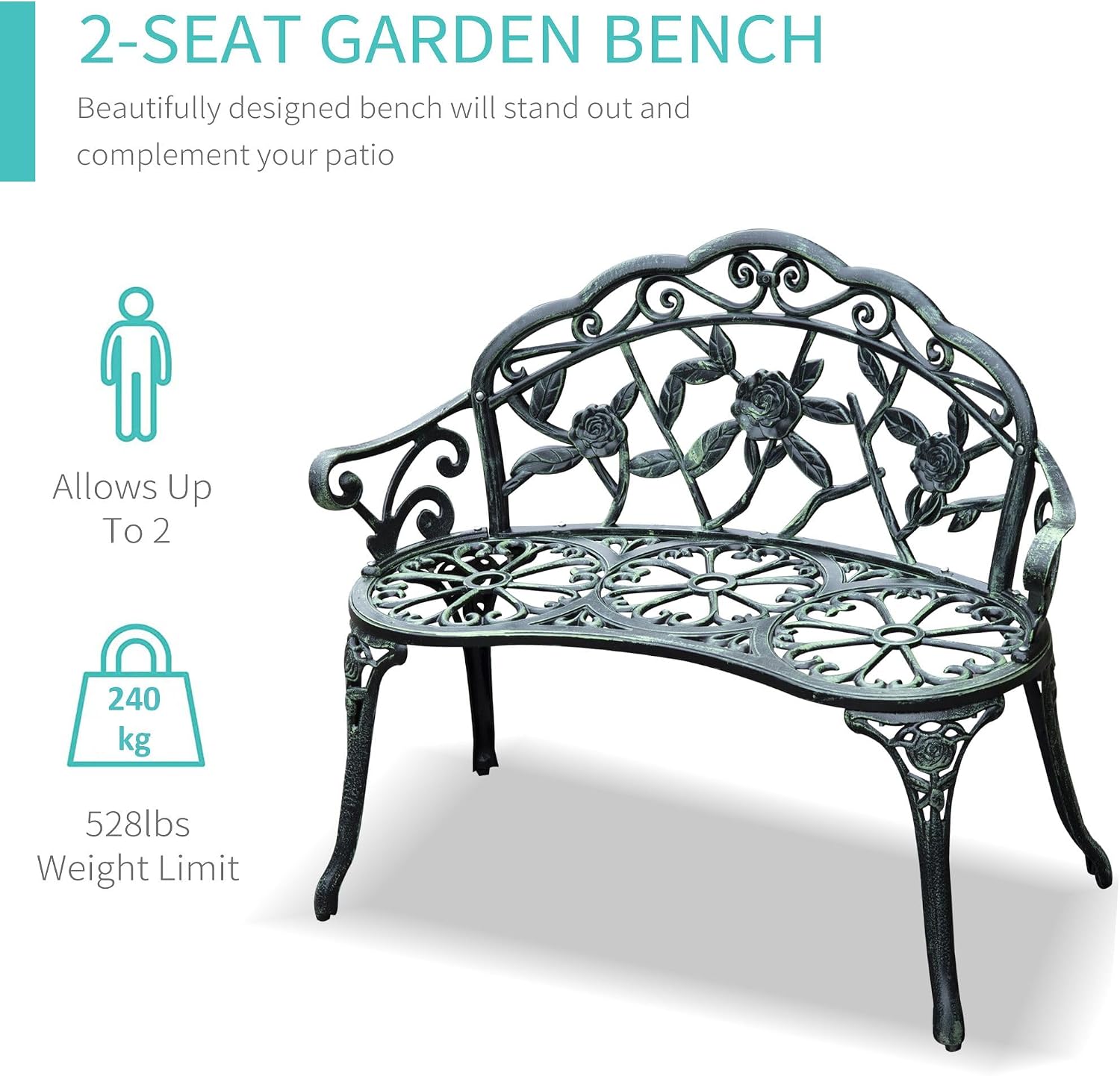 Antique Green Cast Aluminum Floral Rose Design Weatherproof Premium Heavy Duty Durable Outdoor Loveseat Construction FFor rame