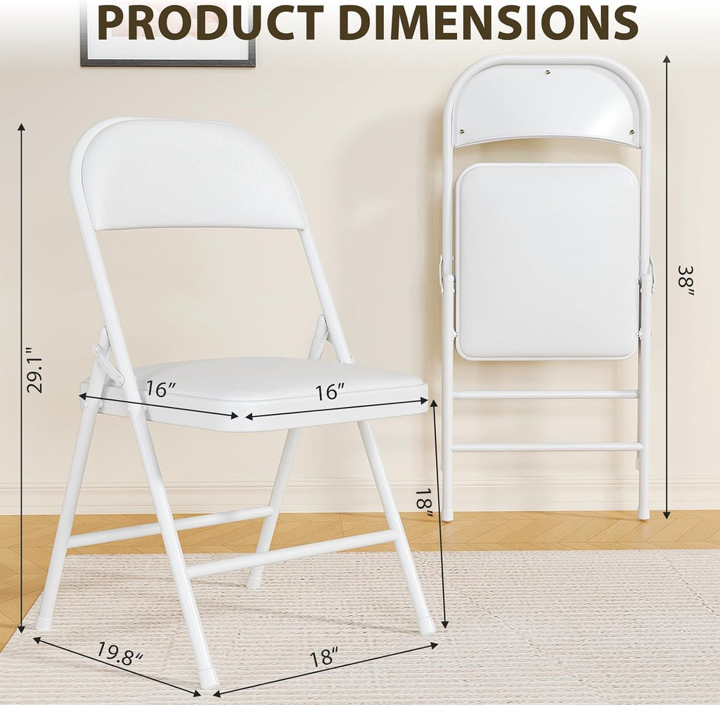 Folding Chairs 4 Pack,350 lbs Heavy Duty Metal Frame Folding Chairs with PU Leather Cushion, Ergonomic Foldable Chair with Non-Slip Feet, Portable Stackable Seating for Office Wedding Camping-White