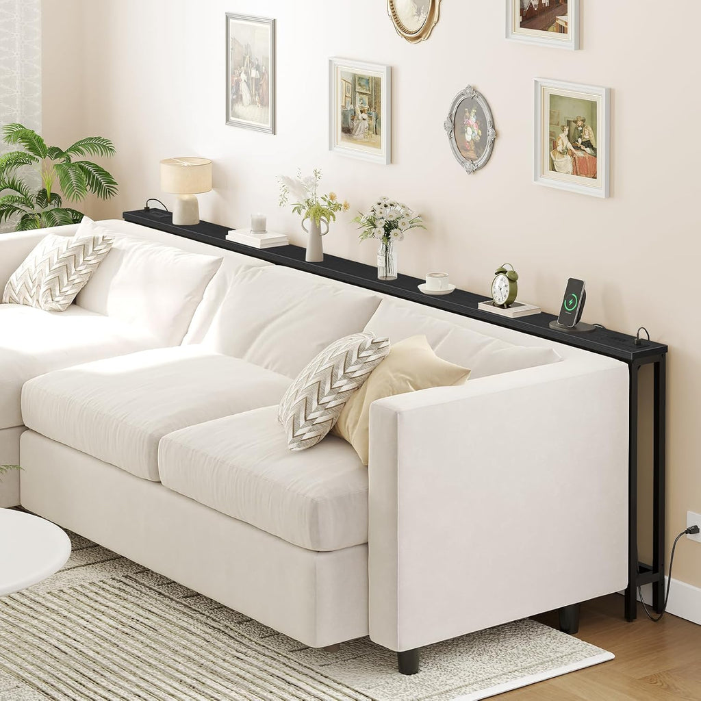 HOOBRO 55.1" Narrow Console Table with Power Outlets, 5.9" Behind Couch Table with Charging Station, Long Sofa Table, Skinny Entryway Table for Living Room, Hallway, Foyer, Black BB145UXG01
