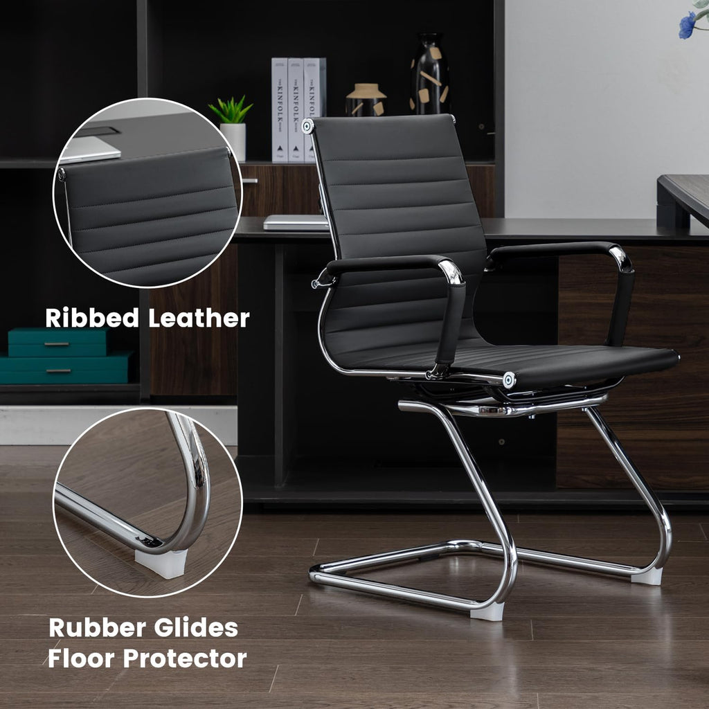 Office Guest Reception Chair Set of 4, Conference Room Chairs Waiting Room Chairs 4 Pack, Modern Leather Office Desk Chair No Wheels.（Black）