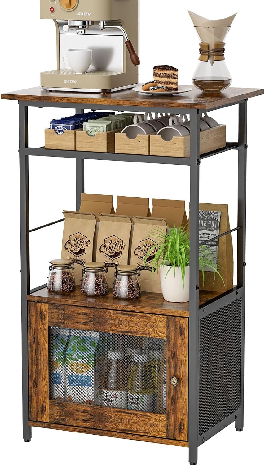X-cosrack Coffee Bar Station, 3-Tier Small Coffee Stand Station with Storage, Farmhouse-Style Kitchen Microwave Stand Featuring 1-Door Cabinet for Living Room, Entryway, Kitchen
