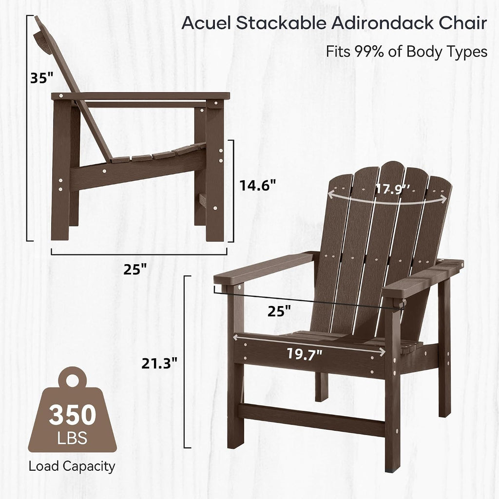 Stackable Adirondack Chairs Set of 2, Weather-Resistant Outdoor Patio Seating, Low Maintenance Poly Lumber Chairs for Porch, Deck, Garden, Fire Pit (Brown)