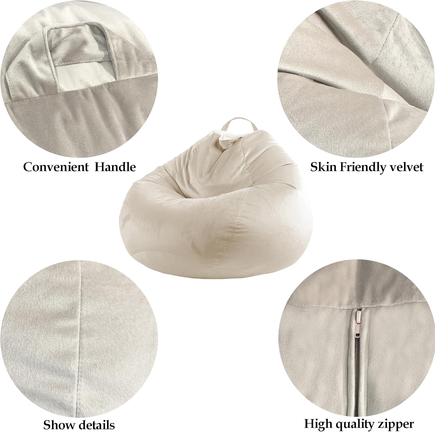 LPMOERA Stuffed Animal Storage Bean Bag Chair Cover (No Filler) Zipper Soft Fuzzy Fluffy Stuffable Bean Bag Cover for Organizing Children Plush Toys or Memory Black Large