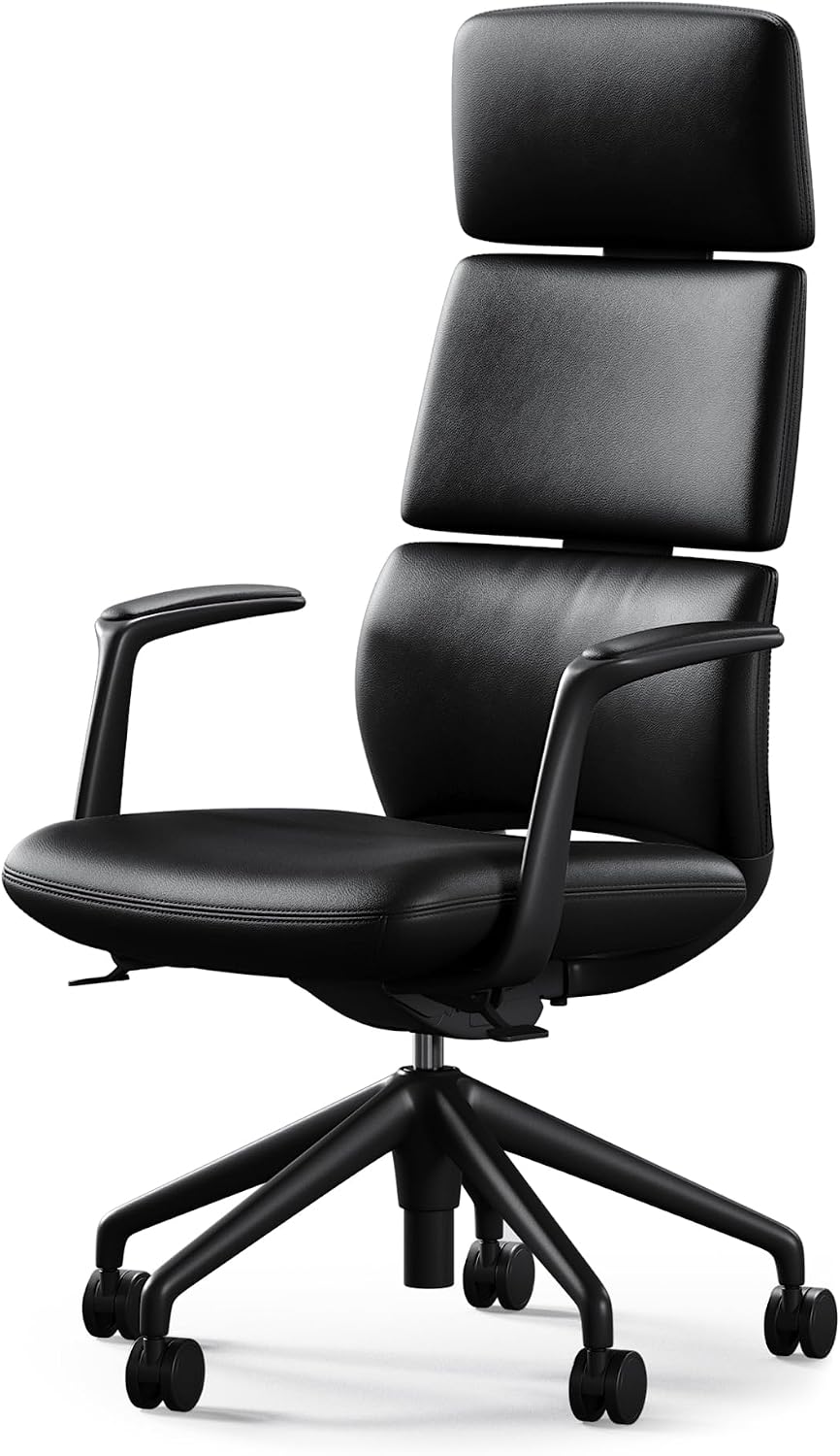 TOMU Executive Leather Office Chair, Top Grain Genuine Leather Executive Chair High Back with headrest, Adjustable Tilt & Height, Ergonomic Swivel Chair with Wheels (Black)
