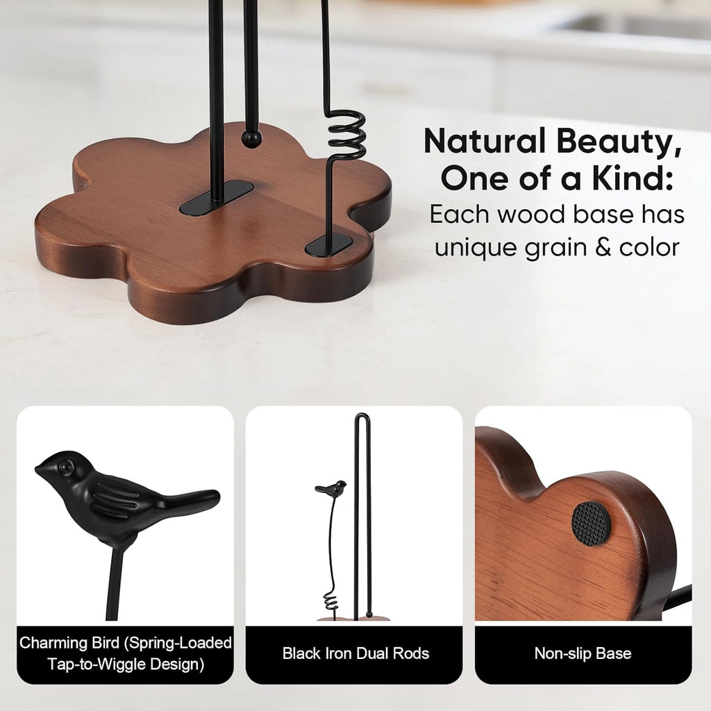 Wood Paper Towel Holder Countertop,Flower Shaped Wood Base with Decorative Spring-Loaded Iron Bird Accent,Dual Iron Rods,Non-Slip Pads,Stable for Kitchen,Dining Room&Home Decor