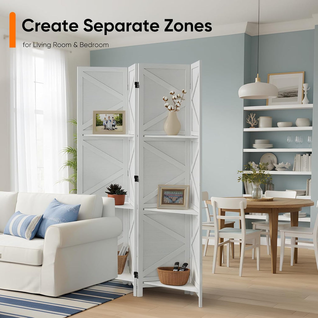 Modern Room Divider with Shelves, White X-Shape Design Folding Partition, 8-Panel Contemporary Freestanding Divider for Bedroom&Office, 67" H x 125.6" W(Two Independent 4-Panel partitions)