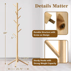 Wooden Coat Rack Freestanding with 8 Hooks,Easy Assembly New Zealand Pine Tree Coat Racks, 3 Adjustable Sizes for Clothes, Hats, Bags, for Entryway, Hallway, Bedroom, Office (Natural, 2PCS)