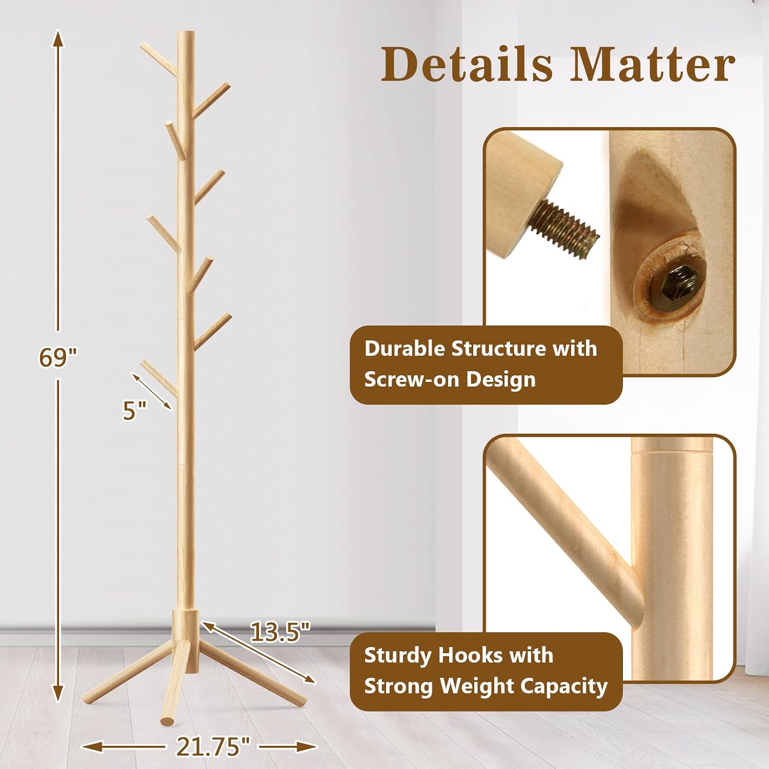 Wooden Coat Rack Freestanding with 8 Hooks,Easy Assembly New Zealand Pine Tree Coat Racks, 3 Adjustable Sizes for Clothes, Hats, Bags, for Entryway, Hallway, Bedroom, Office (Natural, 2PCS)