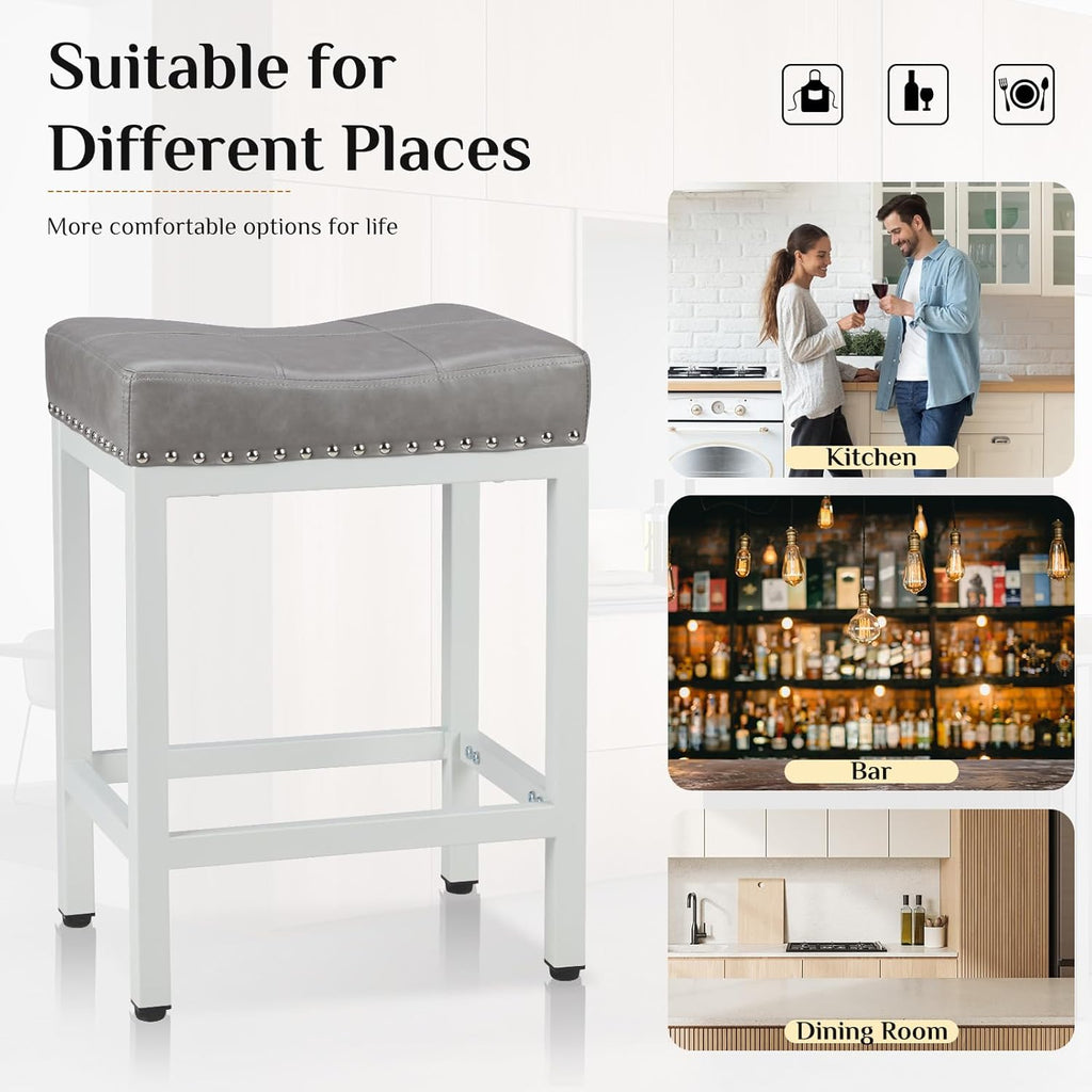 Sweetcrispy 24 Inch Bar Stools Set of 2, PU Leather Counter Height Stools | Upholstered Modern Saddle Barstools with Metal Base and Footrest for Home Bar, Small Apartment, Grey