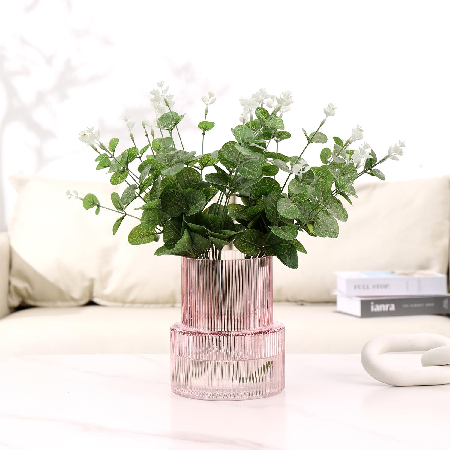 Pink Glass Vase, Ribbed Glass Vase for Tulips, Flower Vases for Bouquet, Pink Modern Vases for Living Room, Dining Table, Entryway, Mantle, Shelf, Wedding, Office, 7.5 Inches