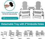 JY QAQA Outdoor Adirondack Chair Set of 2, All-Weather HDPE Patio Furniture with Detachable Table, Wood Texture & Cup Holder for Patio, Poolside, Garden, Light Grey