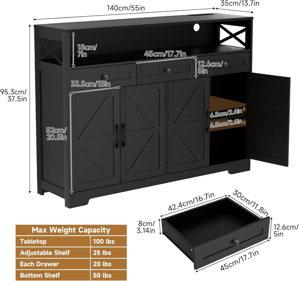 Sideboard Buffet Cabinet with Storage, 55" Kitchen Buffet Cabinet with Charging Station, Farmhouse Coffee Bar Station with Drawers and Doors, Credenza for Kitchen Living Room Entryway, Dark Brown