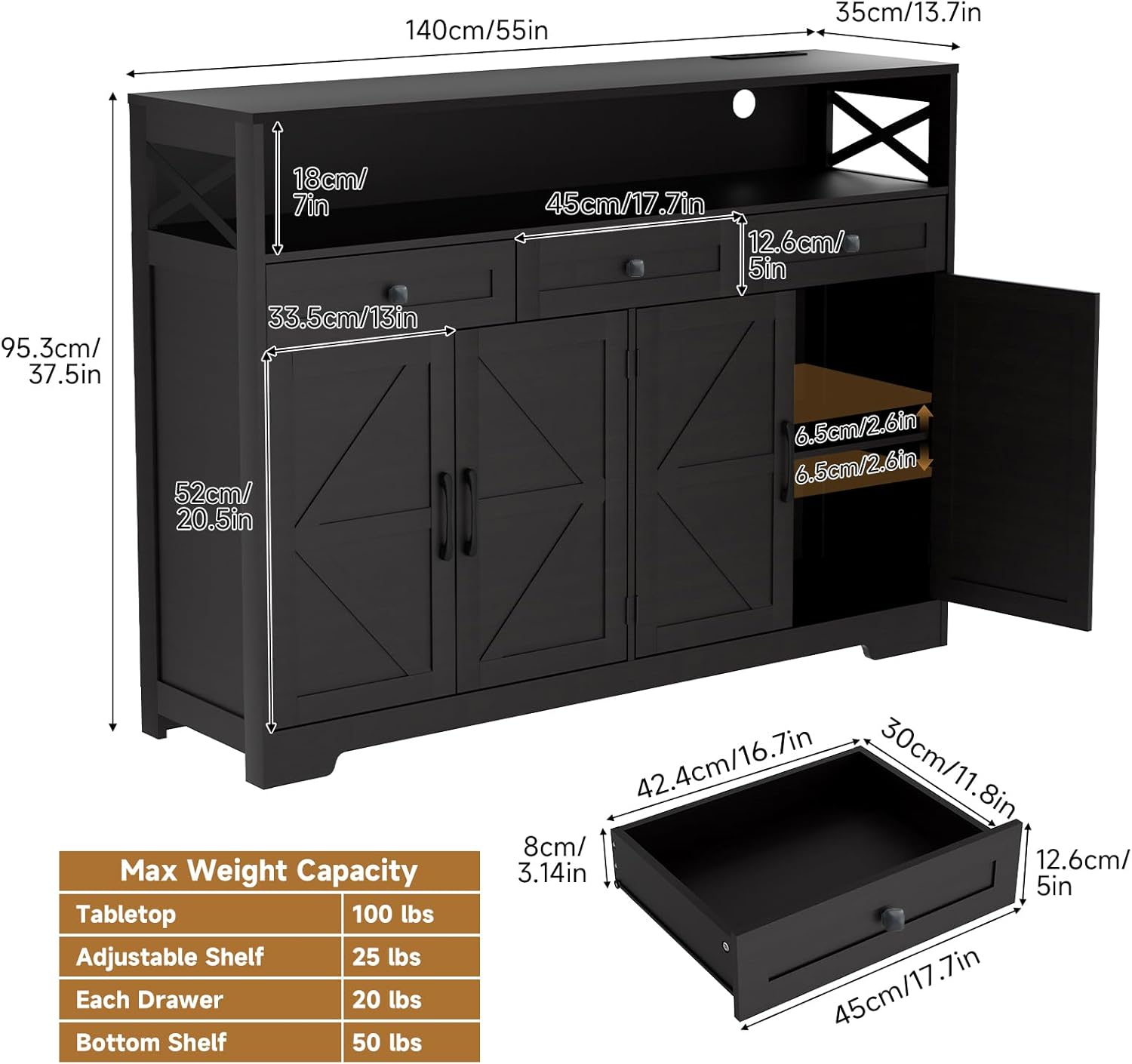 Sideboard Buffet Cabinet with Storage, 55" Kitchen Buffet Cabinet with Charging Station, Farmhouse Coffee Bar Station with Drawers and Doors, Credenza for Kitchen Living Room Entryway, Dark Brown