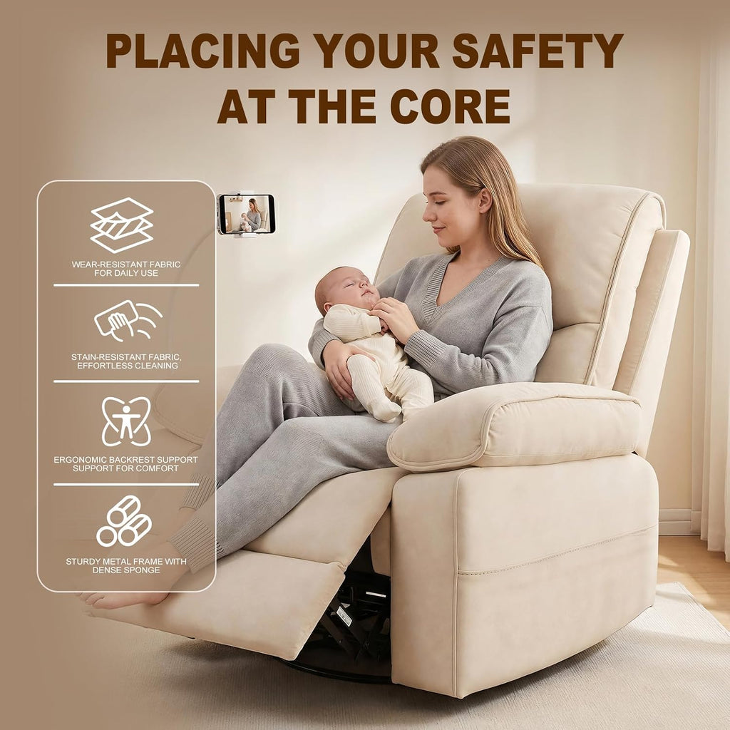 360° Swivel Glider Rocking Chair Nursery， Oversized Recliner with Phone Holder，Nursing Chairs for Breastfeeding with Wide Foot Rest for Living Room and Baby Room,Linen