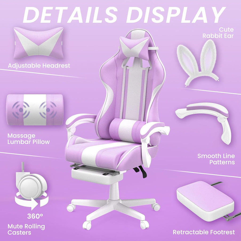 Ferghana Kawaii Light Purple Gaming Chair with Bunny Ears, Ergonomic Cute Gamer Chair with Footrest and Massage, Racing Reclining Leather Computer Game Chair for Girls Adults Teens Kids