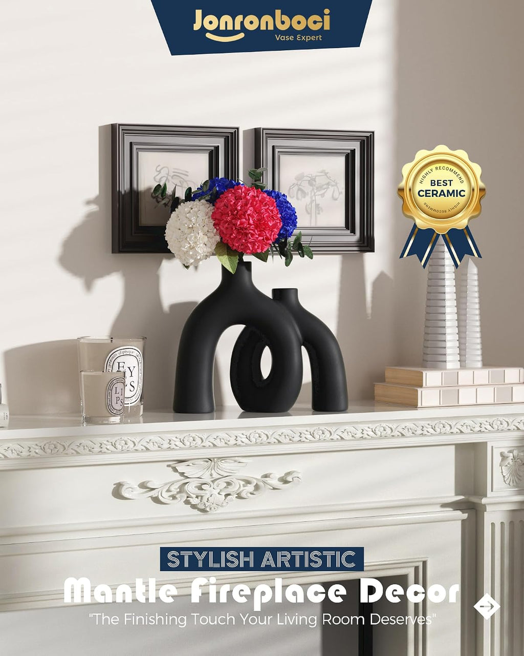Matte Black Vase Set - Hug Hollow Donut Aesthetic Ceramic Vases Home Decor, Modern Nordic Minimalist Decorative Vase for Table Centerpiece Bookshelf Office Entryway Console Fireplace (Black)