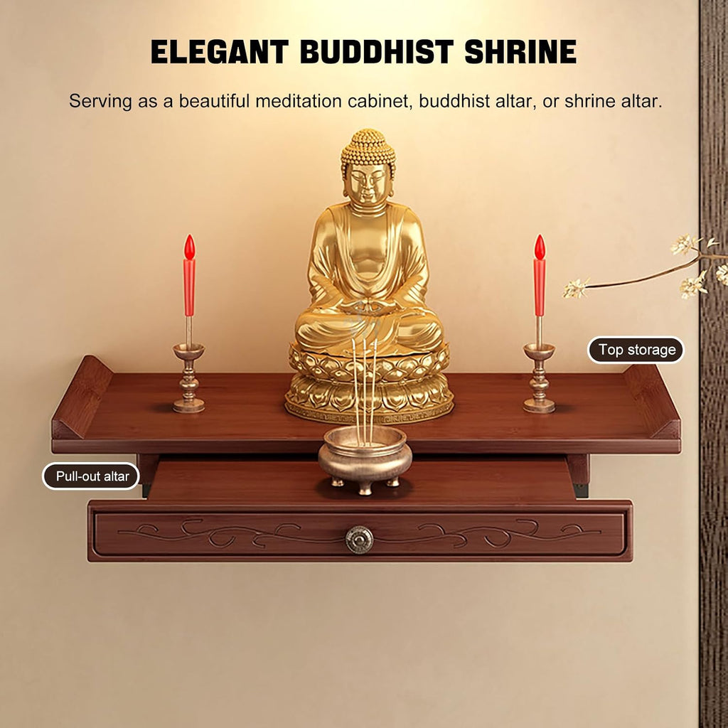 Altar Table,Bamboo Meditation Shrine Altar Cabinet with Storage for Worship & Prayer (Wall-Mounted, 15.7in)