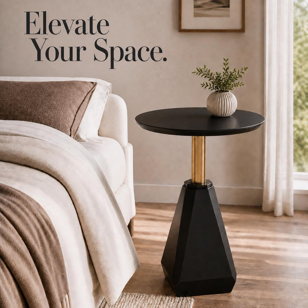 Round Wood Side Table, Coffee Nightstand Cocktail Drink Modern Accent Circle End Table, Wood Pedestal Base for Living Room, Bedroom, Small Spaces, Offices, Black
