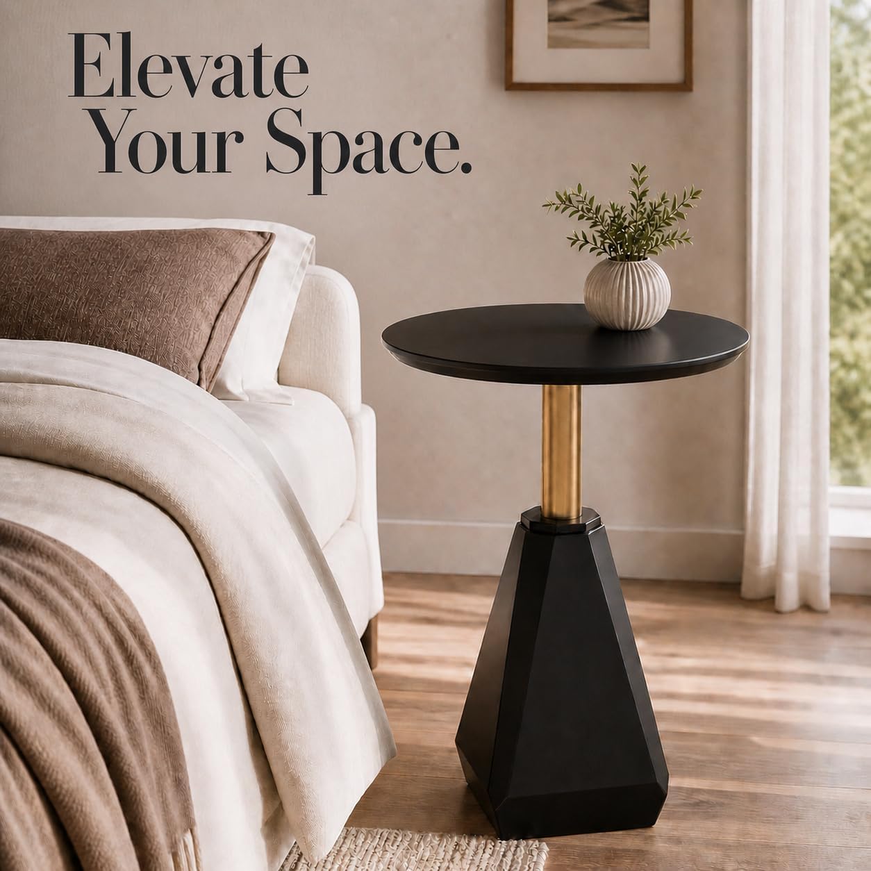 Round Wood Side Table, Coffee Nightstand Cocktail Drink Modern Accent Circle End Table, Wood Pedestal Base for Living Room, Bedroom, Small Spaces, Offices, Black