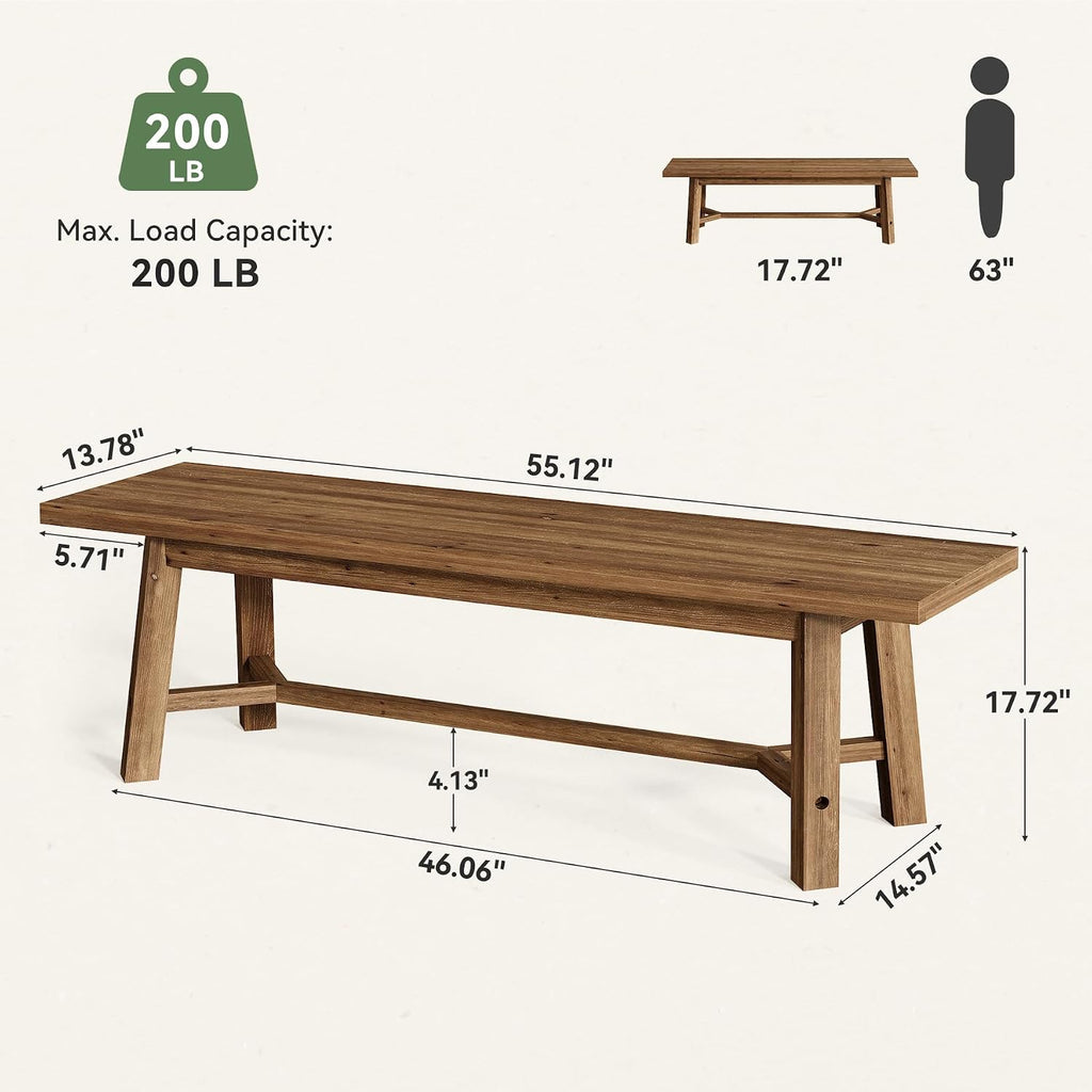 55" Solid Wood Bench, Farmhouse Long Bench Seat for Entryway, Dining Room, Living Room, Solid Wood, Dark Brown