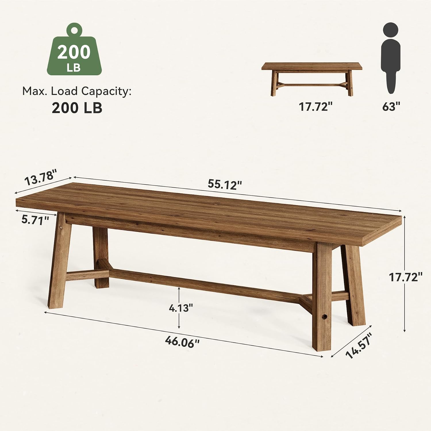 55" Solid Wood Bench, Farmhouse Long Bench Seat for Entryway, Dining Room, Living Room, Solid Wood, Dark Brown