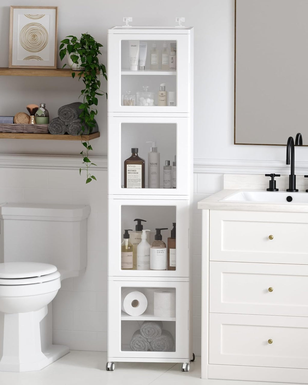 Vtopmart 63.2" Tall Slim Bathroom Storage Cabinet with 4 Adjustable Shelves and 4 Doors, Freestanding Narrow Cabinets Organizer with Wheels and Anti-tip for Laundry, Kitchen, Pantry, White