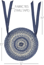 VHC Brands Great Falls Blue Round Seat Cushion Chair Pad, Blue White, Jute Blend with Ties, 15x15 Inches, Set of 8