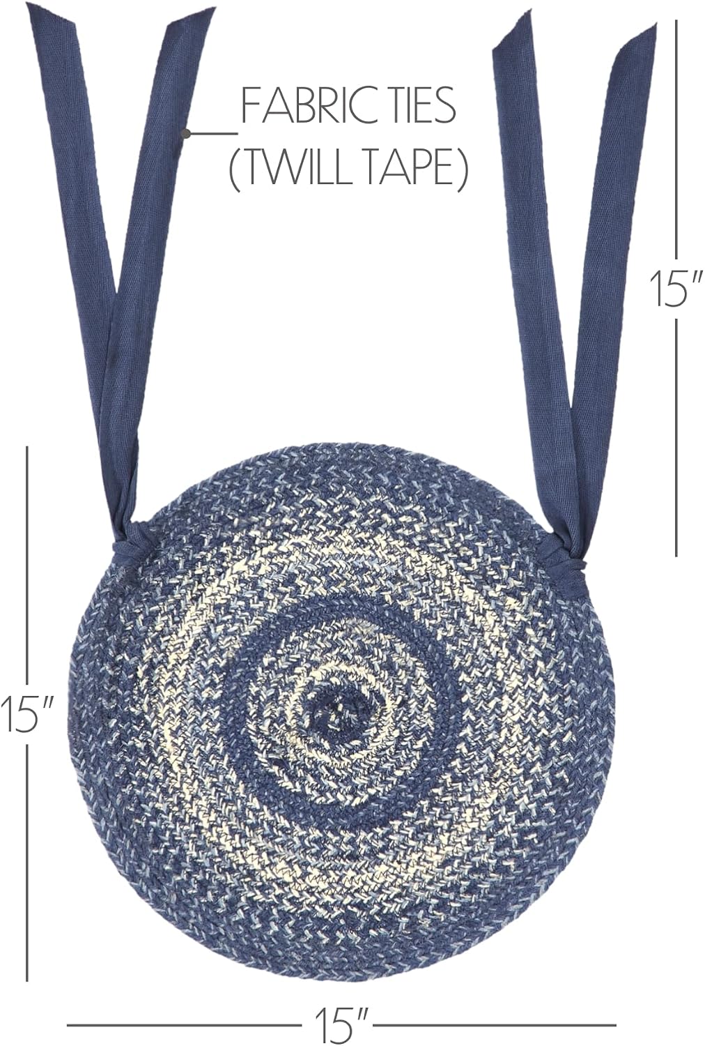 VHC Brands Great Falls Blue Round Seat Cushion Chair Pad, Blue White, Jute Blend with Ties, 15x15 Inches, Set of 8
