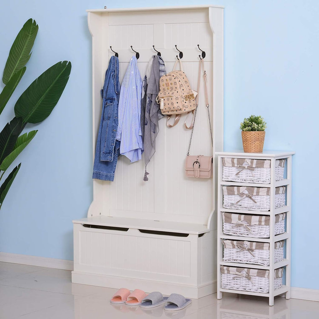 HOMCOM Hall Tree with Bench and Shoe Storage 3-in-1 Coat Rack Cream White | Slim Bench with Coat Rack, 4 Hooks, Flip Top Storage Compartment