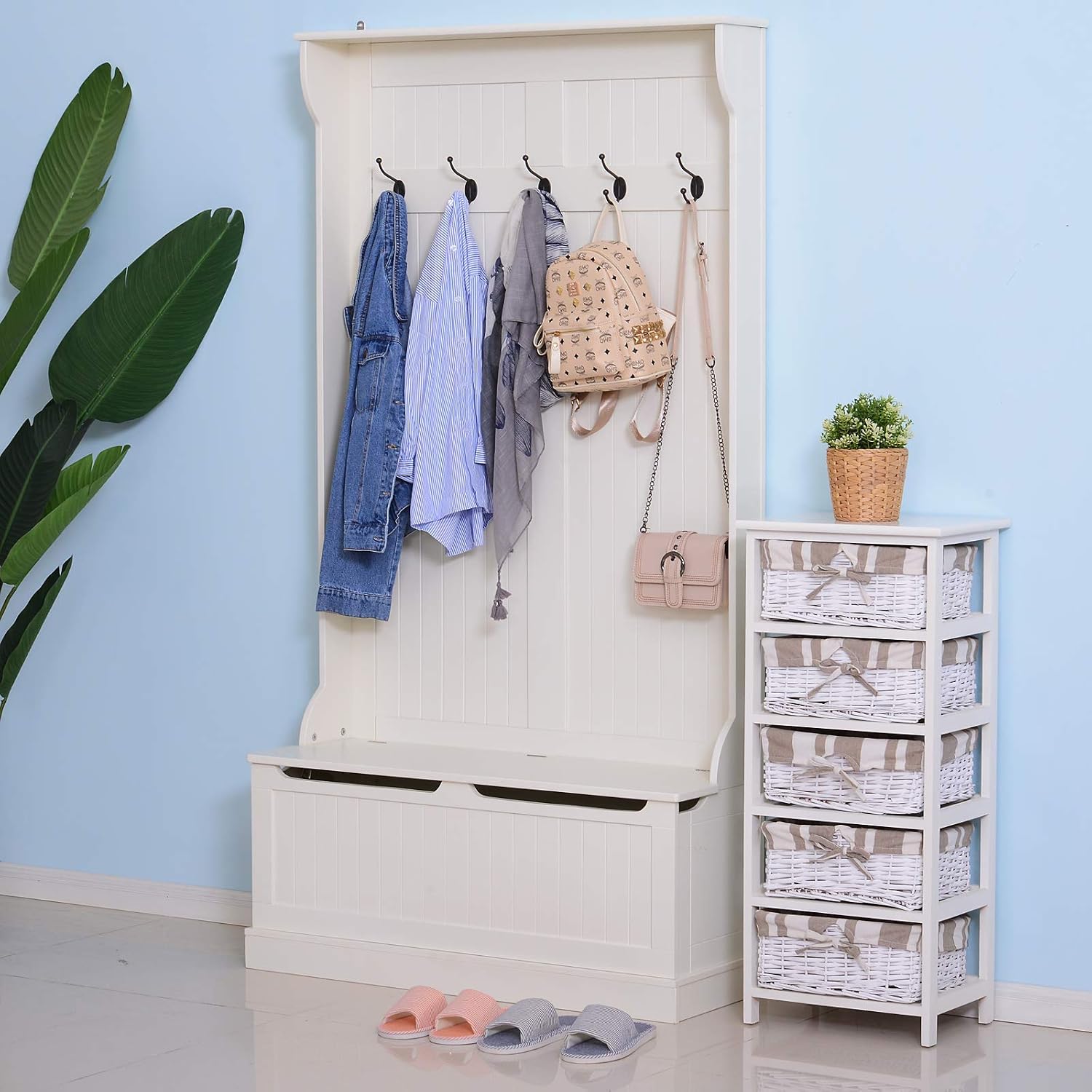 HOMCOM Hall Tree with Bench and Shoe Storage 3-in-1 Coat Rack Cream White | Slim Bench with Coat Rack, 4 Hooks, Flip Top Storage Compartment