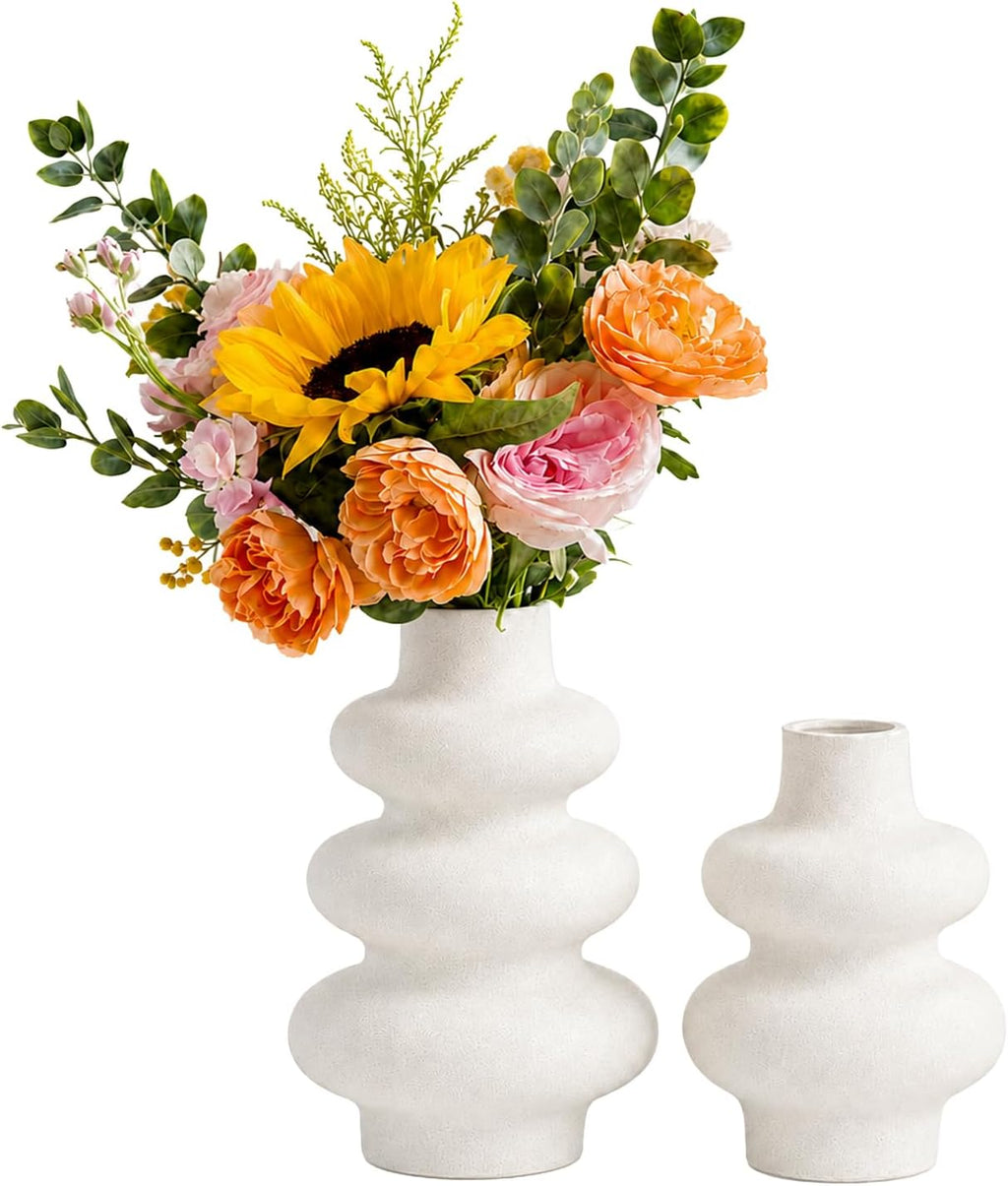 Ceramic Vase Set, Modern White Vases for Living Room Decor | Set of 2 off white ceramic round vases styles pampas, dried stems or empty display for modern neutral decor.
