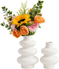 Ceramic Vase Set, Modern White Vases for Living Room Decor | Set of 2 off white ceramic round vases styles pampas, dried stems or empty display for modern neutral decor.