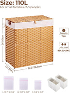 Greenstell Laundry Hamper with lid, No Install Needed, 110L Wicker Laundry Baskets Foldable 2 Removable Liner Bags, 2 Section Clothes Hamper Handwoven Rattan Laundry Basket with Handles, Natural