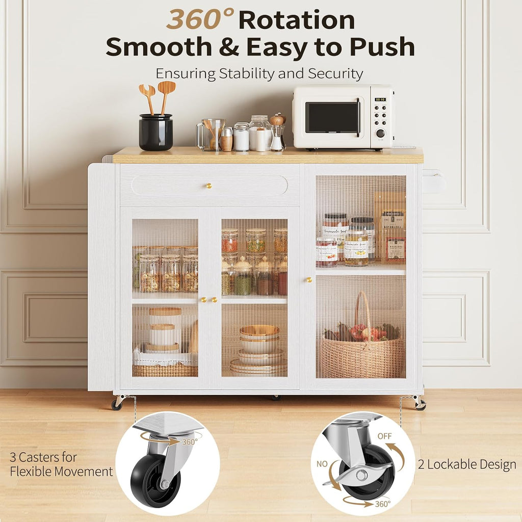 Kitchen Island with Power Outlet - Kitchen Cart on Wheels with Storage Cabinets & Drawers, Rolling Island Table with Spice & Towel Rack, Portable Islands with Large Wood Counter, Dinning Room