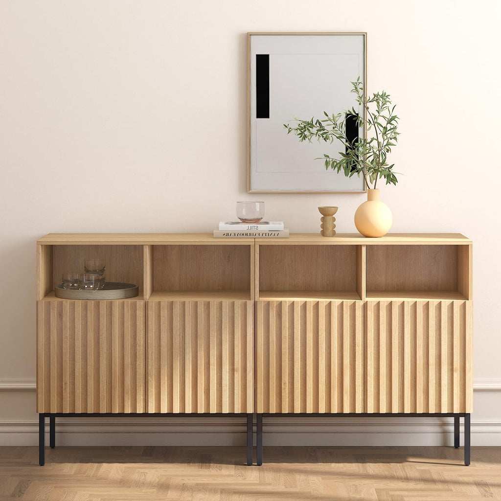 Oxford Fluted Storage Cabinet, Sideboard Buffet Credenza with Doors, Accent Console for Living Dining Room, Entryway, Natural Oak (Raised Panel, Two doors-1pc)