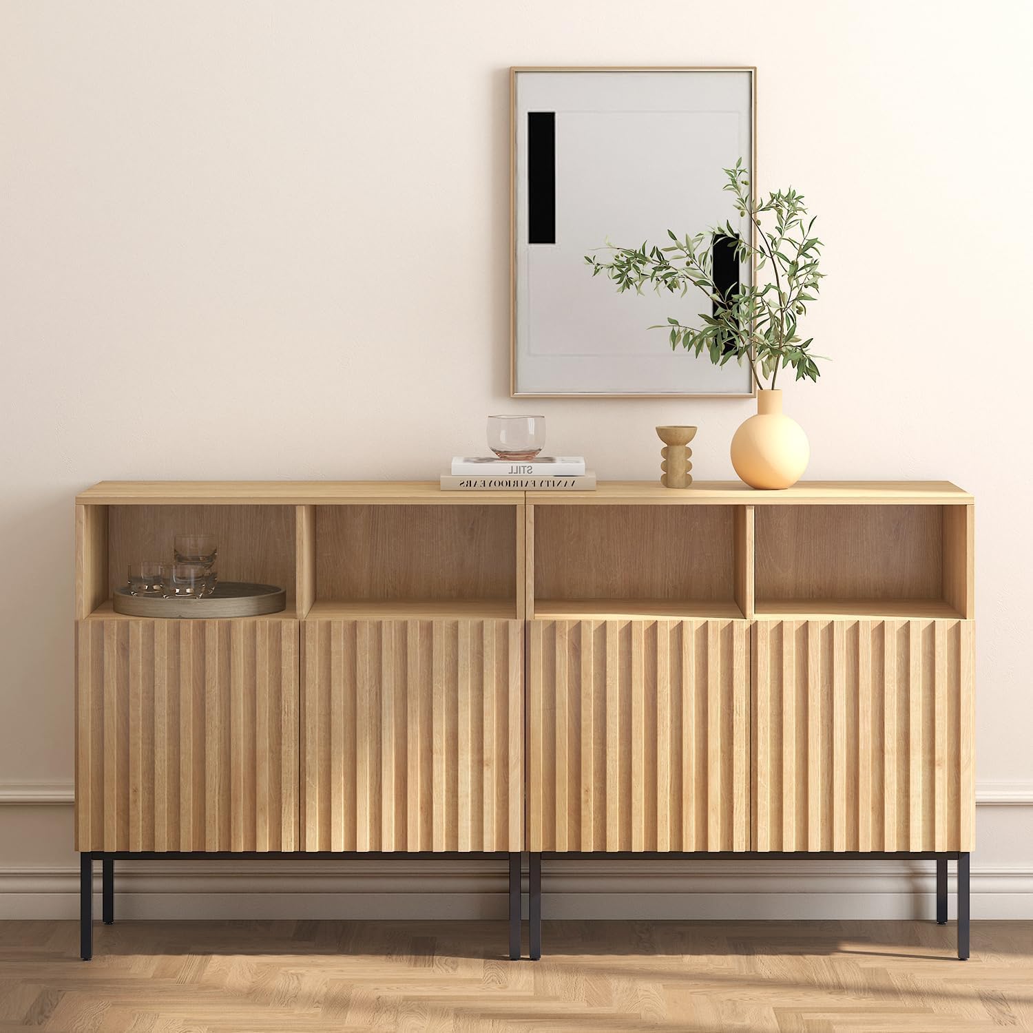 Oxford Fluted Storage Cabinet, Sideboard Buffet Credenza with Doors, Accent Console for Living Dining Room, Entryway, Natural Oak (Raised Panel, Two doors-1pc)