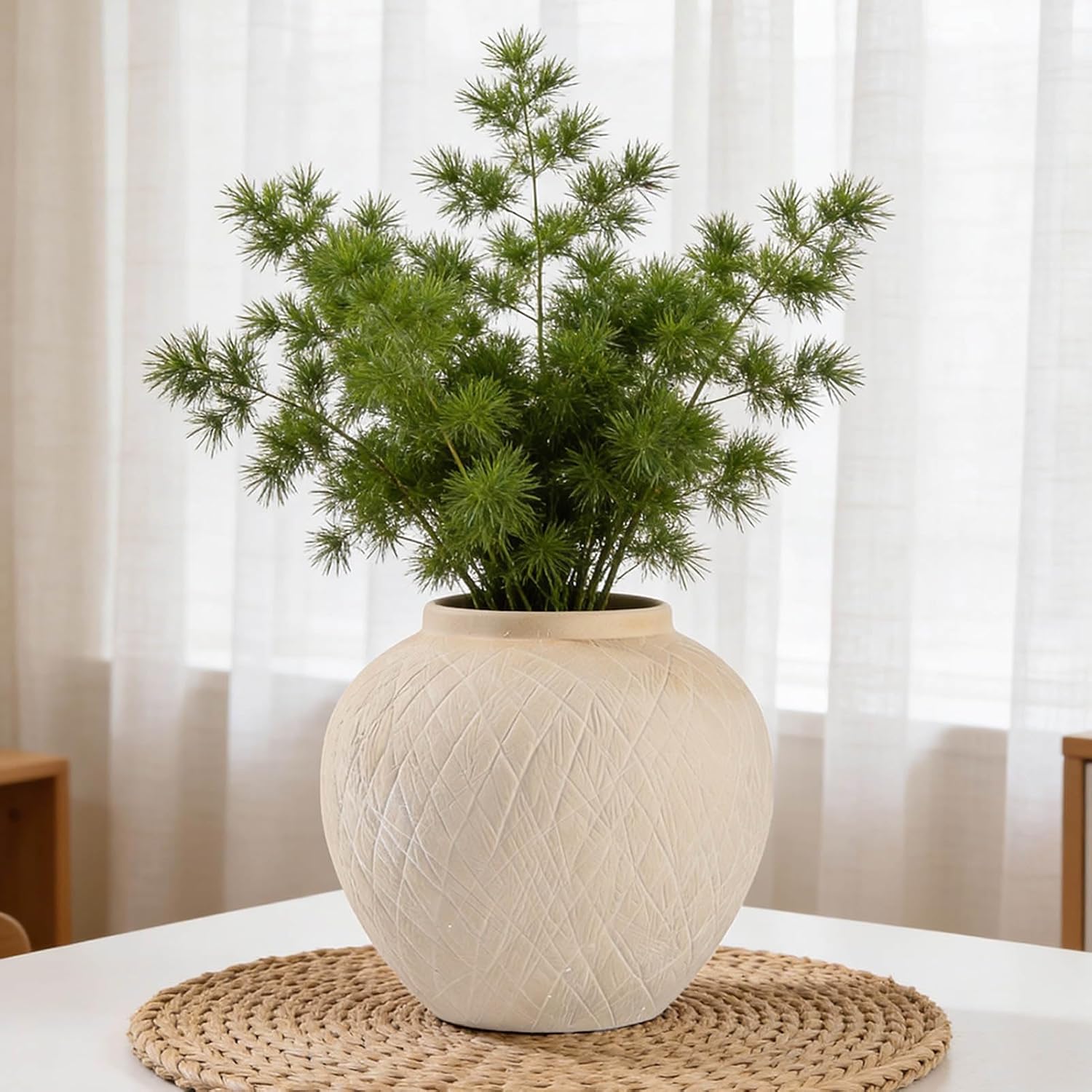 Large Carved Rustic Farmhouse Vase Home Decor - 8.8 in Ceramic Boho Decorative Vase for Decor, Round Clay Beige Terracotta Bowl vase for Living Room, Table, Shelf, Centerpieces