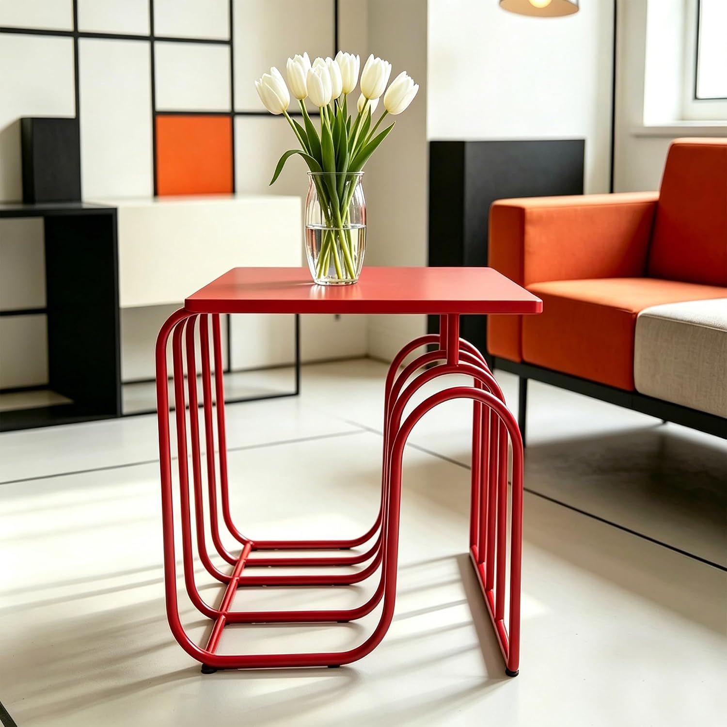 Red Curved Metal Side Table - Modern Square Accent End Table with Artistic Layered Frame, Minimalist Decorative Nightstand for Living Room, Bedroom, Entryway, Small Spaces, Easy to Clean